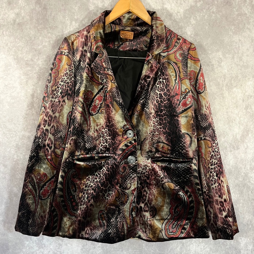 POL‎ Velvet Blazer Women Small Multi Color Animal Paisley Print Jacket Boho
